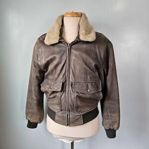 Summit Vintage 80s Gray Leather Aviator Bomber Jacket Faux Fur Collar Mens 38/S